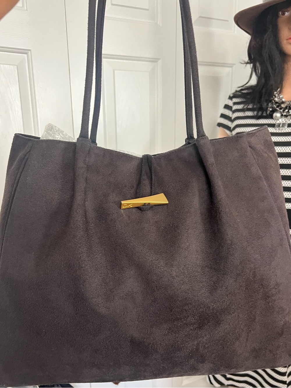 Donna Karan Black Suede Shoulder Bag Gold Tone Hardware Tote